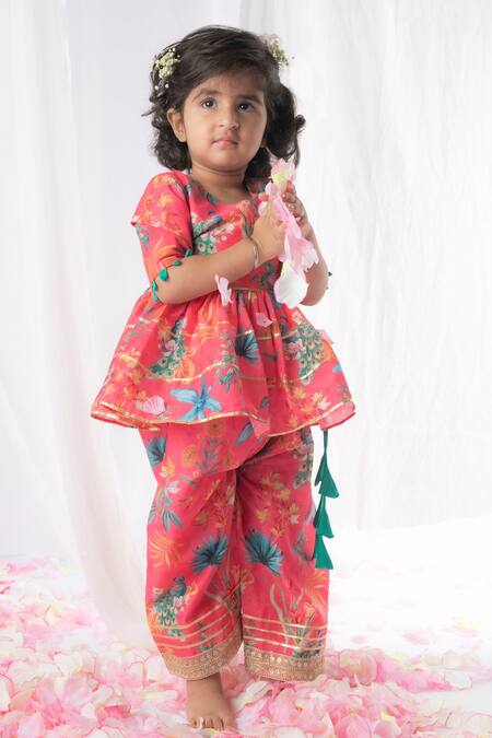 Buy Multi Color Muslin Cotton Print Floral And Peacock Kurta & Palazzo Set  For Girls by Lil Angels Online at Aza Fashions.