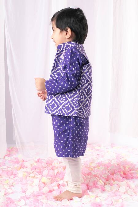 Lil Angels_Purple Muslin, Cotton Embroidery Bandhej Print Kurta Set_Online_at_Aza_Fashions