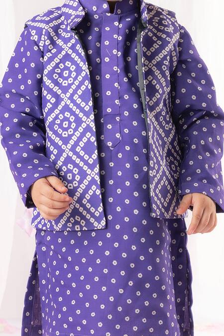 Buy_Lil Angels_Purple Muslin, Cotton Embroidery Bandhej Print Kurta Set_Online_at_Aza_Fashions
