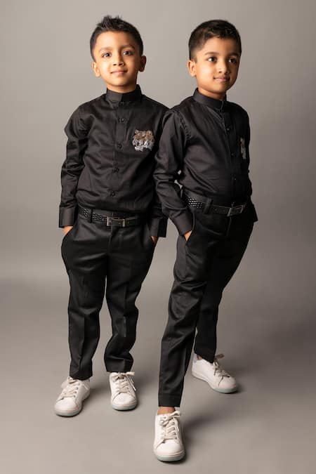Shop Lil Angels Black Cotton Sequins Tiger Motif Shirt And Trouser Set at Aza Fashions Shop_Lil Angels_Black Cotton Sequins Tiger Motif Shirt And Trouser Set _at_Aza_Fashions