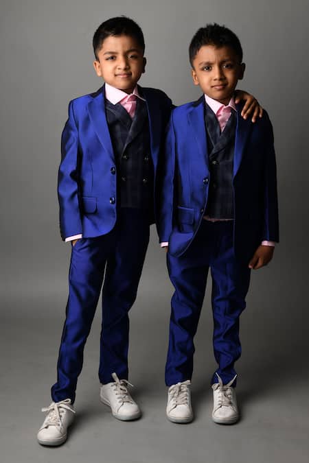 Lil Angels Blue Cotton, Satin Notch Lapel Blazer And Pant Set Online at Aza Fashions Lil Angels_Blue Cotton, Satin Notch Lapel Blazer And Pant Set _Online_at_Aza_Fashions