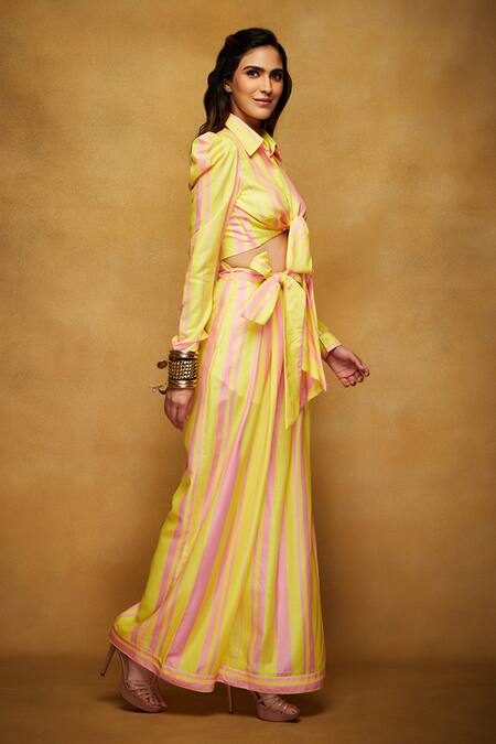 Gulabo By Abu Sandeep_Pink Modal Satin Striped Flared Pant_Online_at_Aza_Fashions