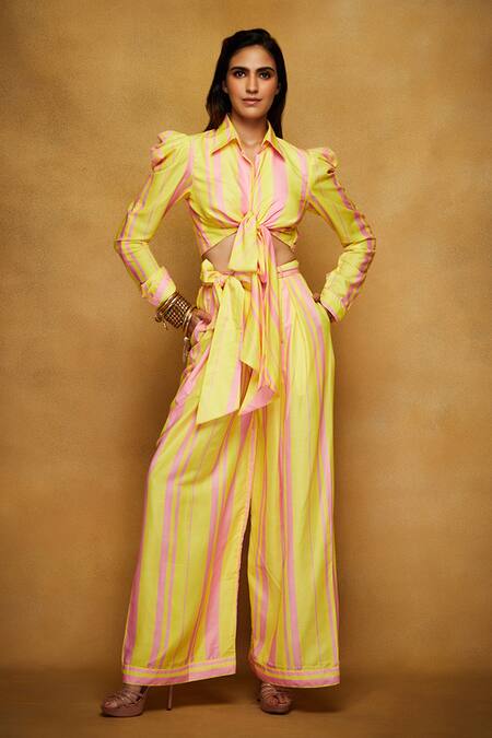 Buy_Gulabo By Abu Sandeep_Pink Modal Satin Striped Flared Pant_Online_at_Aza_Fashions