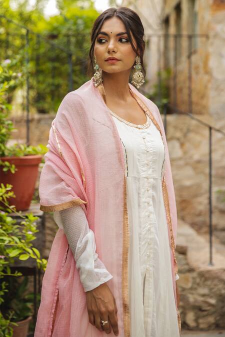 Shop_Myaara_White Anarkali Chanderi Blend, Dupatta Kota Doriya, Pant Chandani Set _Online_at_Aza_Fashions