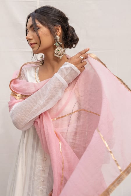 Myaara_White Anarkali Chanderi Blend, Dupatta Kota Doriya, Pant Chandani Set _at_Aza_Fashions