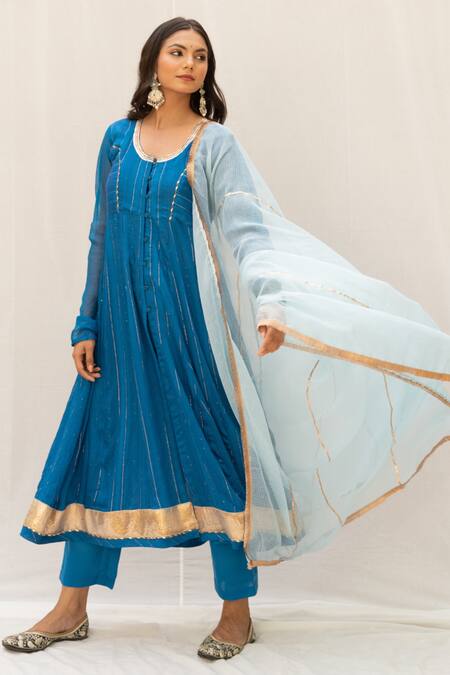 Myaara_Blue Anarkali Chanderi Blend, Dupatta Kota Doriya, Pant Cotton Nandika Set_Online_at_Aza_Fashions