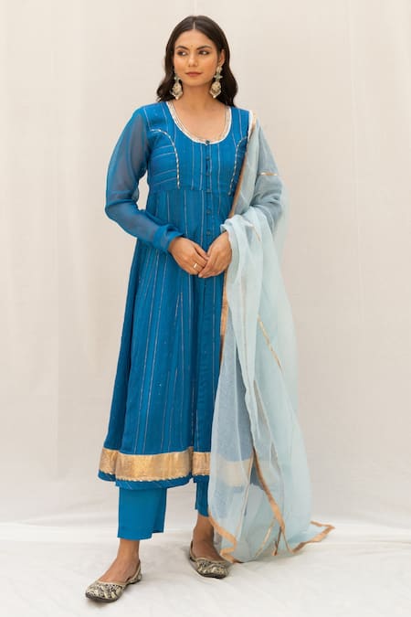 Buy_Myaara_Blue Anarkali Chanderi Blend, Dupatta Kota Doriya, Pant Cotton Nandika Set_Online_at_Aza_Fashions