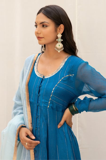 Myaara_Blue Anarkali Chanderi Blend, Dupatta Kota Doriya, Pant Cotton Nandika Set_at_Aza_Fashions