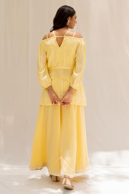 Shop Myaara Yellow Pant Kota, Tunic Chanderi Blend Gota, Sequins Seher And Flared Set at Aza Fashions Shop_Myaara_Yellow Pant Kota, Tunic Chanderi Blend Gota, Sequins Seher And Flared Set _at_Aza_Fashions