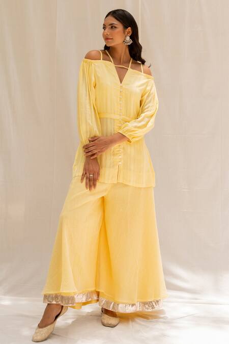 Myaara Yellow Pant Kota, Tunic Chanderi Blend Gota, Sequins Seher And Flared Set Online at Aza Fashions Myaara_Yellow Pant Kota, Tunic Chanderi Blend Gota, Sequins Seher And Flared Set _Online_at_Aza_Fashions