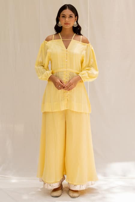 Buy Myaara Yellow Pant Kota, Tunic Chanderi Blend Gota, Sequins Seher And Flared Set Online at Aza Fashions Buy_Myaara_Yellow Pant Kota, Tunic Chanderi Blend Gota, Sequins Seher And Flared Set _Online_at_Aza_Fashions