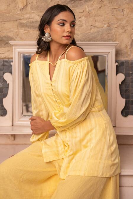 Shop Myaara Yellow Pant Kota, Tunic Chanderi Blend Gota, Sequins Seher And Flared Set Online at Aza Fashions Shop_Myaara_Yellow Pant Kota, Tunic Chanderi Blend Gota, Sequins Seher And Flared Set _Online_at_Aza_Fashions