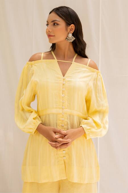 Myaara Yellow Pant Kota, Tunic Chanderi Blend Gota, Sequins Seher And Flared Set at Aza Fashions Myaara_Yellow Pant Kota, Tunic Chanderi Blend Gota, Sequins Seher And Flared Set _at_Aza_Fashions