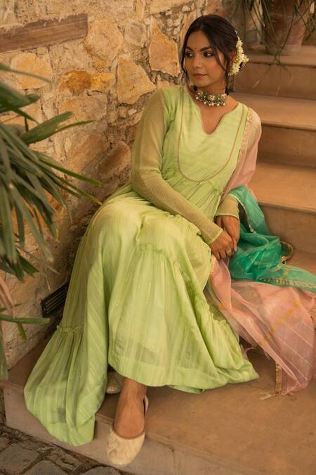 Buy Green Anarkali Chanderi Blend Embroidered Sequins V Fiza Tiered Set ...