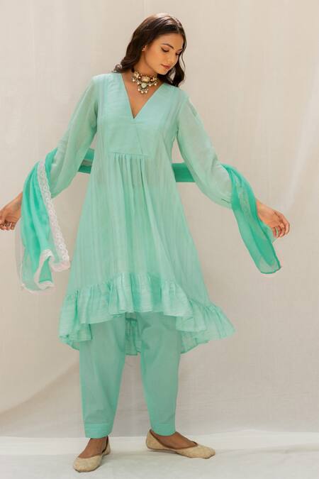 Shop_Myaara_Green Chanderi Blend, Stole Kota Gota, Sequins V Neck Aurora Kurta Set_Online_at_Aza_Fashions