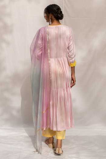 Myaara Gulabi Chanderi Anarkali Pant Set 