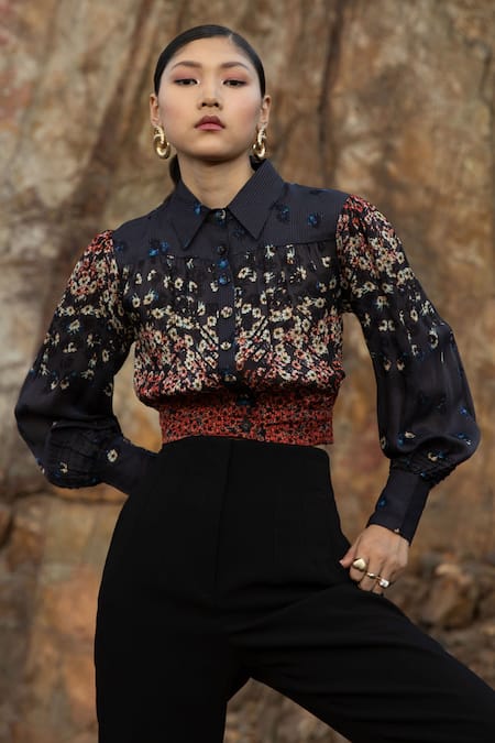 Bhanuni By Jyoti_Black Viscose Floral Shirt Collar Print Blouse _Online_at_Aza_Fashions