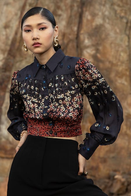 Buy_Bhanuni By Jyoti_Black Viscose Floral Shirt Collar Print Blouse _Online_at_Aza_Fashions