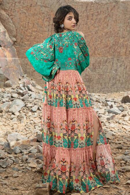 Shop Bhanuni By Jyoti Green Viscose Bead Work, Floral Print Tie-up Neck Galleria Cold Shoulder Dress at Aza Fashions Shop_Bhanuni By Jyoti_Green Viscose Bead Work, Floral Print Tie-up Neck Galleria Cold Shoulder Dress _at_Aza_Fashions