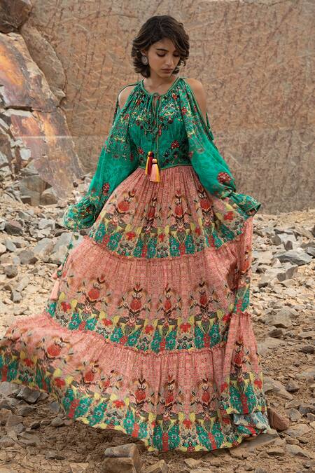 Bhanuni By Jyoti Green Viscose Bead Work, Floral Print Tie-up Neck Galleria Cold Shoulder Dress Online at Aza Fashions Bhanuni By Jyoti_Green Viscose Bead Work, Floral Print Tie-up Neck Galleria Cold Shoulder Dress _Online_at_Aza_Fashions