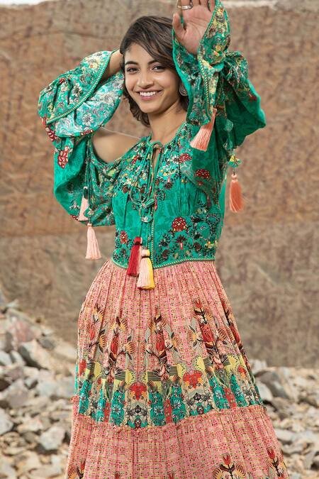 Buy Bhanuni By Jyoti Green Viscose Bead Work, Floral Print Tie-up Neck Galleria Cold Shoulder Dress Online at Aza Fashions Buy_Bhanuni By Jyoti_Green Viscose Bead Work, Floral Print Tie-up Neck Galleria Cold Shoulder Dress _Online_at_Aza_Fashions