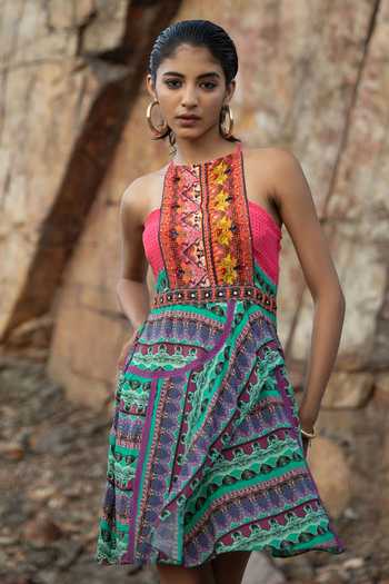 Bhanuni By Jyoti_Green Viscose Abstract Print, Bead Work High Neck Galleria Tunic Dress _Online_at_Aza_Fashions