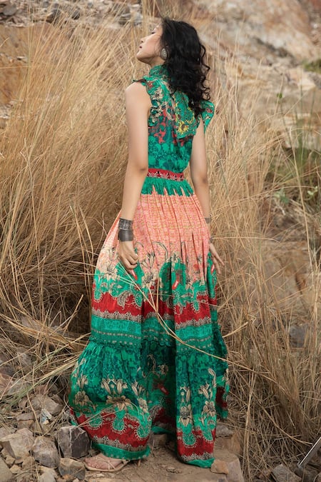 Shop Bhanuni By Jyoti Green Viscose Bead Work, Floral Print V Neck Galleria Maxi Dress at Aza Fashions Shop_Bhanuni By Jyoti_Green Viscose Bead Work, Floral Print V Neck Galleria Maxi Dress _at_Aza_Fashions