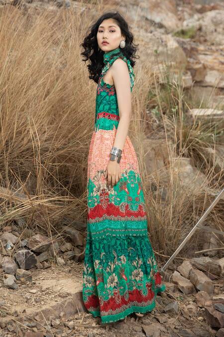 Bhanuni By Jyoti Green Viscose Bead Work, Floral Print V Neck Galleria Maxi Dress Online at Aza Fashions Bhanuni By Jyoti_Green Viscose Bead Work, Floral Print V Neck Galleria Maxi Dress _Online_at_Aza_Fashions