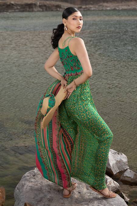 Bhanuni By Jyoti_Green Viscose Bead Work, Floral Print Round Galleria Maxi Dress _Online_at_Aza_Fashions