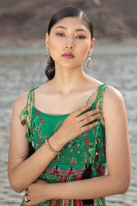 Buy_Bhanuni By Jyoti_Green Viscose Bead Work, Floral Print Round Galleria Maxi Dress _Online_at_Aza_Fashions