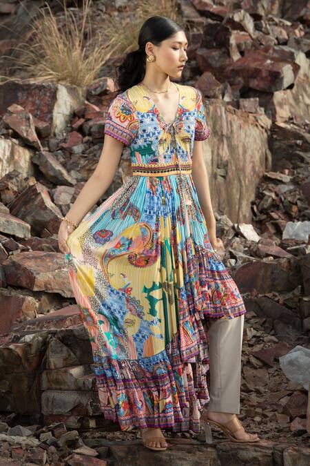 Bhanuni By Jyoti_Yellow Viscose Abstract Print V Neck Front Open Dress _Online_at_Aza_Fashions