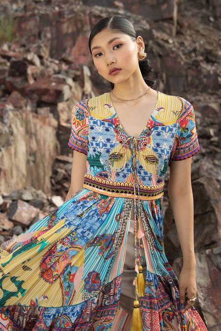 Buy_Bhanuni By Jyoti_Yellow Viscose Abstract Print V Neck Front Open Dress _Online_at_Aza_Fashions