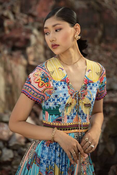 Shop_Bhanuni By Jyoti_Yellow Viscose Abstract Print V Neck Front Open Dress _Online_at_Aza_Fashions