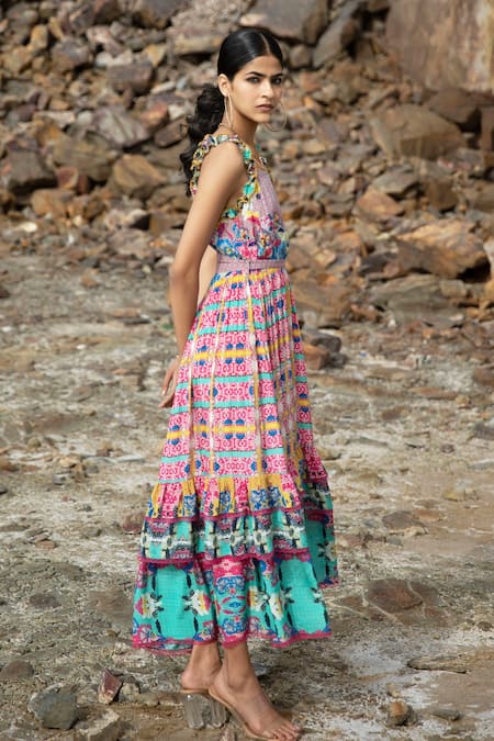 Bhanuni By Jyoti_Pink Viscose Floral, Geometric Round Bloom Printed Tiered Dress _Online_at_Aza_Fashions