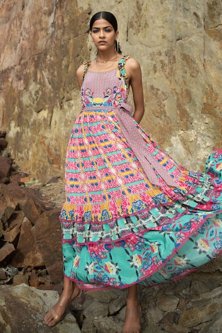 Buy_Bhanuni By Jyoti_Pink Viscose Floral, Geometric Round Bloom Printed Tiered Dress _Online_at_Aza_Fashions