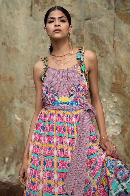 Shop_Bhanuni By Jyoti_Pink Viscose Floral, Geometric Round Bloom Printed Tiered Dress _Online_at_Aza_Fashions
