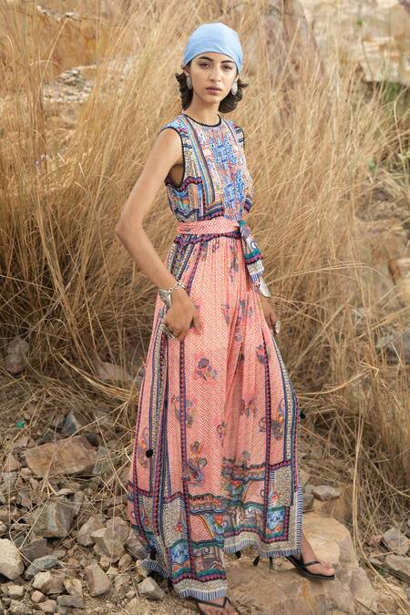 Bhanuni By Jyoti_Pink Viscose Floral, Geometric Round Printed Maxi Dress _Online_at_Aza_Fashions
