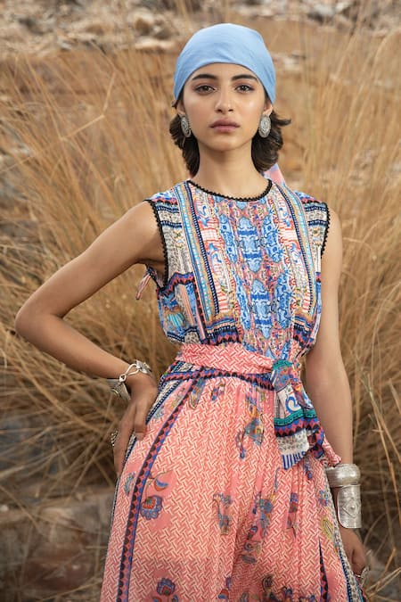 Buy_Bhanuni By Jyoti_Pink Viscose Floral, Geometric Round Printed Maxi Dress _Online_at_Aza_Fashions