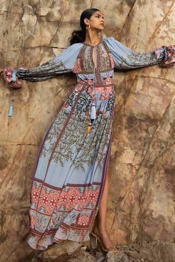 Bhanuni By Jyoti_Blue Viscose Floral Print Tie-up Neck Botanica Maxi Dress _Online_at_Aza_Fashions