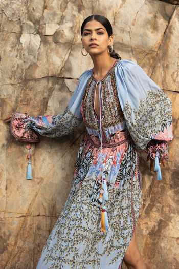 Buy_Bhanuni By Jyoti_Blue Viscose Floral Print Tie-up Neck Botanica Maxi Dress _Online_at_Aza_Fashions