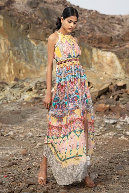 Bhanuni By Jyoti_Yellow Viscose Abstract Print, Sequin Work Halter Neck Maxi Dress _Online_at_Aza_Fashions