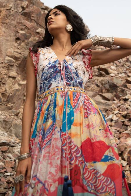 Bhanuni By Jyoti White Viscose Floral V Neck Bold Canvas Print Maxi Dress Online at Aza Fashions Bhanuni By Jyoti_White Viscose Floral V Neck Bold Canvas Print Maxi Dress _Online_at_Aza_Fashions