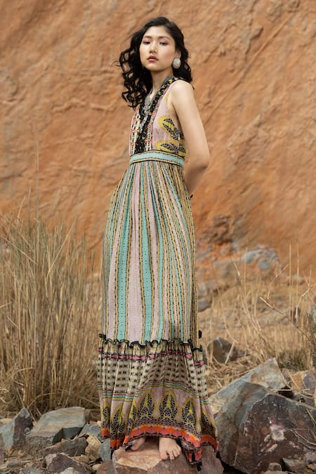 Bhanuni By Jyoti Brown Viscose Floral Print V Neck Tropical Bliss Maxi Dress Online at Aza Fashions Bhanuni By Jyoti_Brown Viscose Floral Print V Neck Tropical Bliss Maxi Dress _Online_at_Aza_Fashions