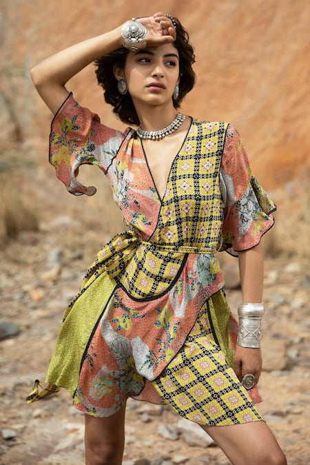 Bhanuni By Jyoti_Brown Viscose Floral V Neck Tropical Bliss Printed Wrap Dress _Online_at_Aza_Fashions
