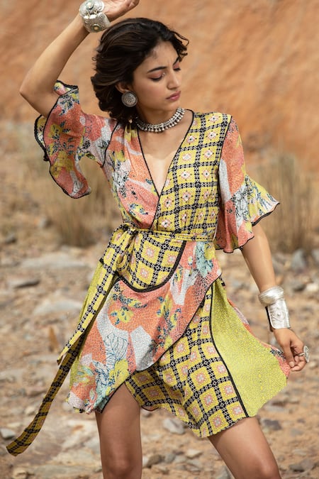 Buy_Bhanuni By Jyoti_Brown Viscose Floral V Neck Tropical Bliss Printed Wrap Dress _Online_at_Aza_Fashions