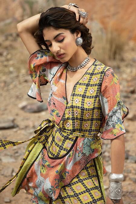 Shop_Bhanuni By Jyoti_Brown Viscose Floral V Neck Tropical Bliss Printed Wrap Dress _Online_at_Aza_Fashions