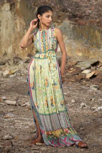 Bhanuni By Jyoti_Green Viscose Floral, Geometric Round Bloom Printed Maxi Dress _Online_at_Aza_Fashions