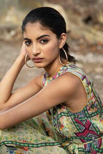 Buy_Bhanuni By Jyoti_Green Viscose Floral, Geometric Round Bloom Printed Maxi Dress _Online_at_Aza_Fashions