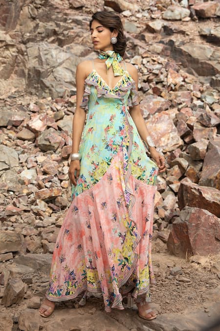 Women Pink Floral Strappy Tiered Maxi Dress