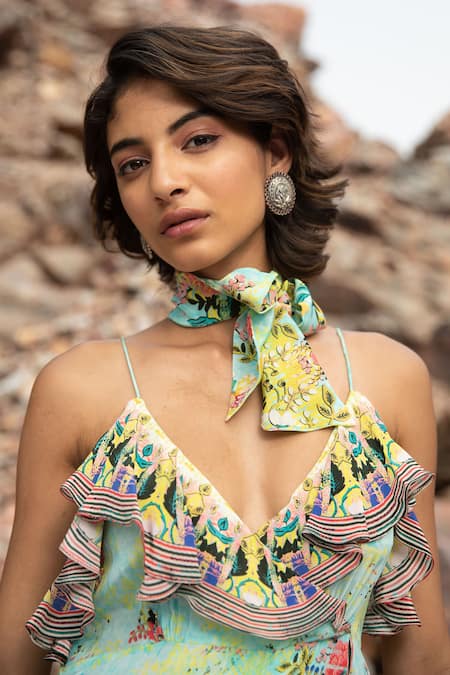 Shop_Bhanuni By Jyoti_Green Viscose Floral Print V Neck Maxi Dress _Online_at_Aza_Fashions